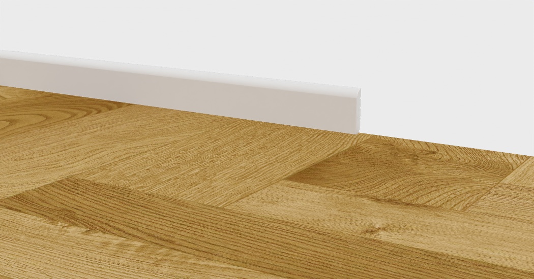 Soklova lista BUKOMA PROFI-60 Bila s podlahou NEOERA 3D TEX Herringbone U-CLICK Dub Švýcarský
